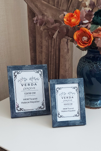 2 Li Çerçeve 10x15 cm ve 13x18 Cm Fotoğraf Çerçevesi! Ahşap Ayaklı Pvc Camlı Dekoratif Çerçeve! Mavi - 1
