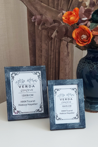 2 Li Çerçeve 10x15 cm ve 13x18 Cm Fotoğraf Çerçevesi! Ahşap Ayaklı Pvc Camlı Dekoratif Çerçeve! Mavi - 2