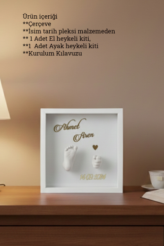 25x25x7 Cm Bebek El Ayak Beyaz Heykel Yapım Kiti ve Beyaz Derin Anı Çerçevesi 3D Kalıp Alma - 0