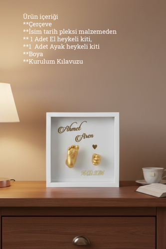 25x25x7 Cm Bebek El Ayak Gold Heykel Yapım Kiti ve Beyaz Derin Anı Çerçevesi 3D Kalıp Alma - 0