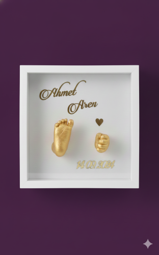 25x25x7 Cm Bebek El Ayak Gold Heykel Yapım Kiti ve Beyaz Derin Anı Çerçevesi 3D Kalıp Alma - 1
