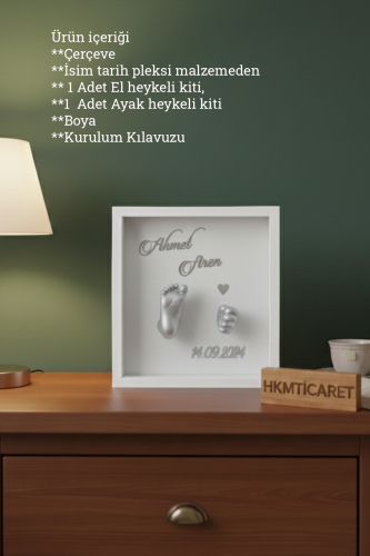 25x25x7 Cm Bebek El Ayak Gümüş Heykel Yapım Kiti ve Beyaz Derin Anı Çerçevesi 3D Kalıp Alma - 0