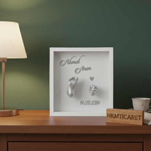 25x25x7 Cm Bebek El Ayak Gümüş Heykel Yapım Kiti ve Beyaz Derin Anı Çerçevesi 3D Kalıp Alma - 1