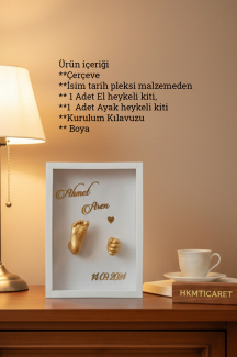 25x35x5 Cm Bebek El Ayak Gold Heykel Yapım Kiti ve Beyaz Derin Anı Çerçevesi 3D Kalıp Alma 