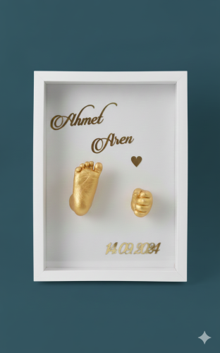 25x35x5 Cm Bebek El Ayak Gold Heykel Yapım Kiti ve Beyaz Derin Anı Çerçevesi 3D Kalıp Alma - 1