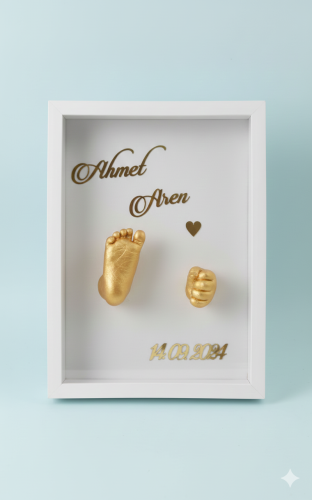 25x35x5 Cm Bebek El Ayak Gold Heykel Yapım Kiti ve Beyaz Derin Anı Çerçevesi 3D Kalıp Alma - 2