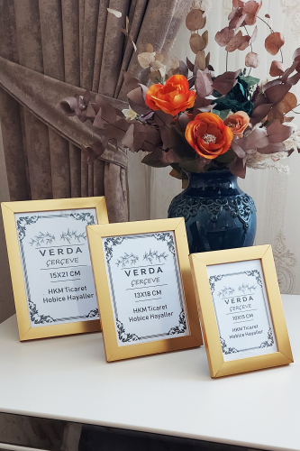 3 Lü Set! 10x15, 13x18 cm ve 15x21 cm Fotoğraf Çerçevesi! Ahşap Ayaklı Pvc Camlı Dekoratif Çerçeve! Gold - 2